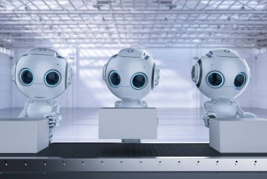 3D render mini robot kutuları faktör bir konveyör satır ile