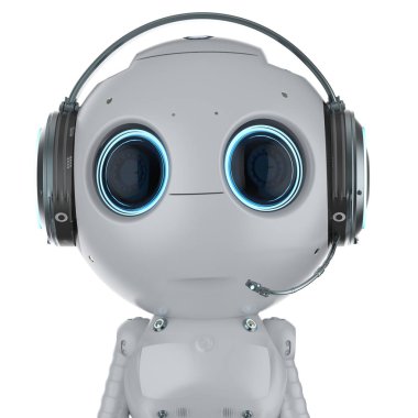 3D render mini robot aşınma kulaklık beyaz arka plan üzerinde