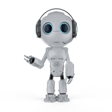 3D render mini robot aşınma kulaklık beyaz arka plan üzerinde