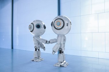 3D render mini robot el sallamak başka bir robot ile