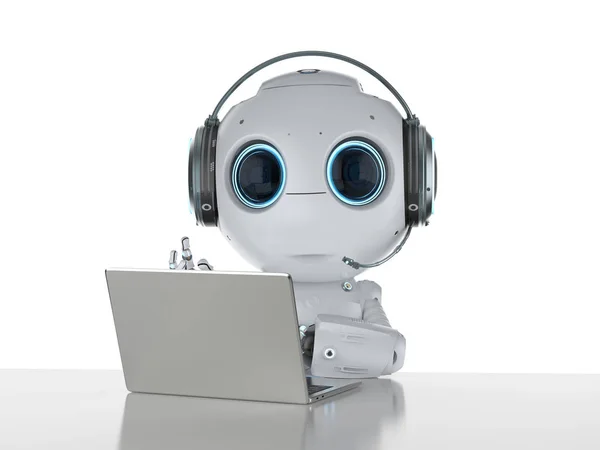 Renderização Mini Robô Trabalhando Com Fone Ouvido Notebook — Fotografia de Stock