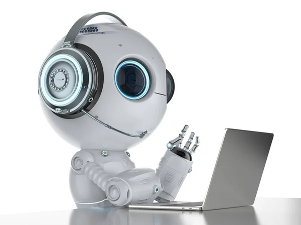 Rendering Mini Roboter Arbeitet Mit Headset Und Notebook — Stockfoto