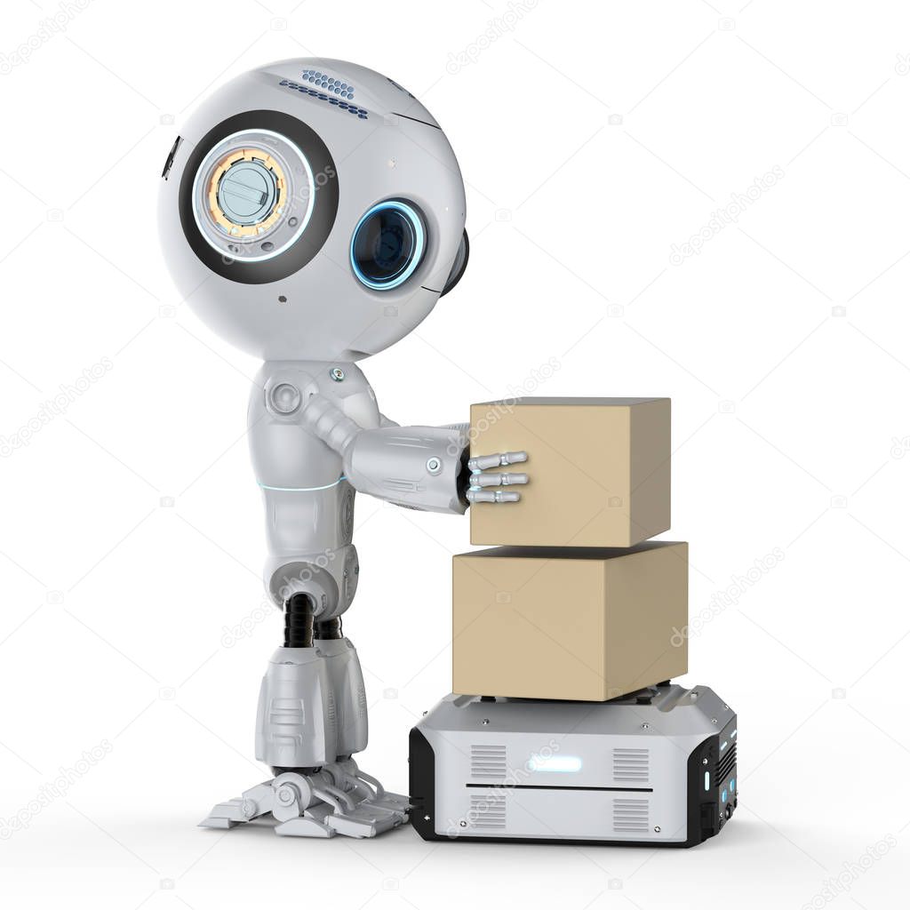3d rendering warehouse robot carry cardboard box 