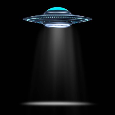 3D render metal ufo ya da uzaylı uzay gemisi siyah arka plan üzerine