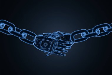 Blockchain teknoloji kavramı ile 3d render x-ışını robot el sallamak 