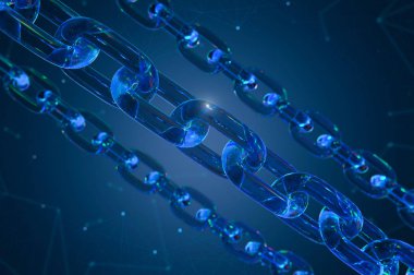 Blockchain teknoloji kavramı ile 3d render mavi zincir bağlantı