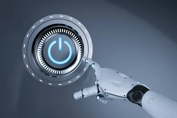 Koncepcja Technologii Automatyzacji Renderowania Cyborg Ręka Push Przycisk Zasilania — Zdjęcie stockowe