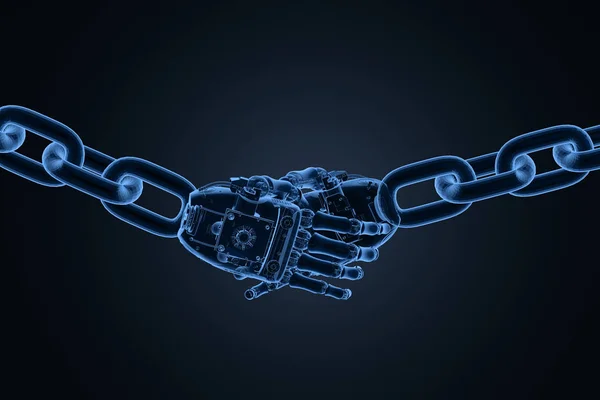 Ανακινήστε Blockchain Τεχνολογία Έννοια Rendering Χέρι Ρομπότ Ακτίνων — Φωτογραφία Αρχείου