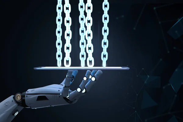 Concepto Tecnología Blockchain Con Brazo Robot Renderizado Con Cadena Tableta — Foto de Stock