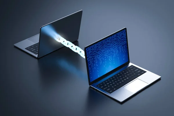 Blockchain Technology Concept Rendering Blue Chain Connect Computers — Stock Photo, Image