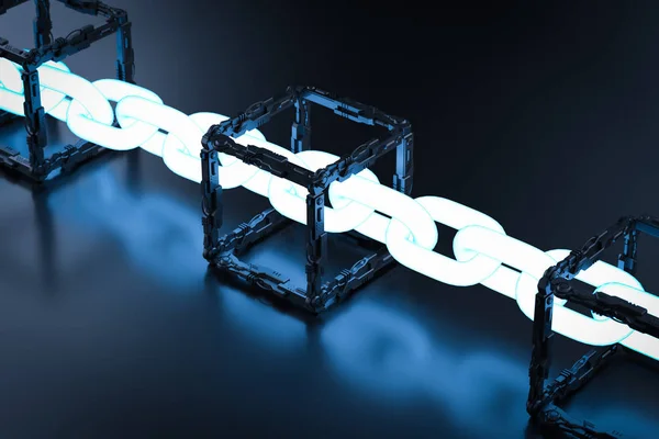 Blockchain Technology Concept Rendering Blocks Connect Shiny Chain — Stock Photo, Image