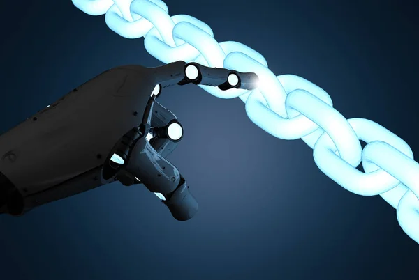 Concepto Tecnología Blockchain Con Brazo Robot Renderizado Con Cadena — Foto de Stock