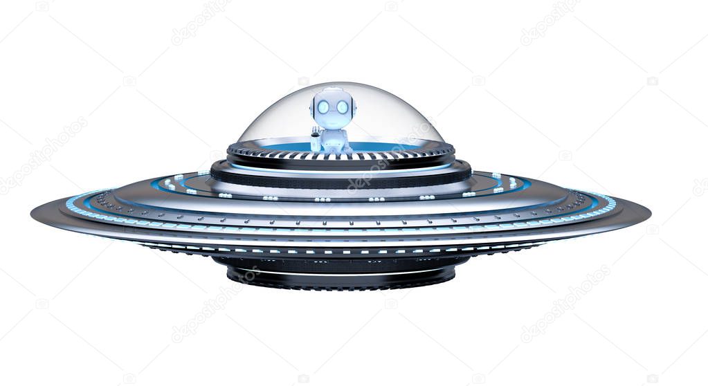 3d rendering metal ufo or alien spaceship with robot isolated on white