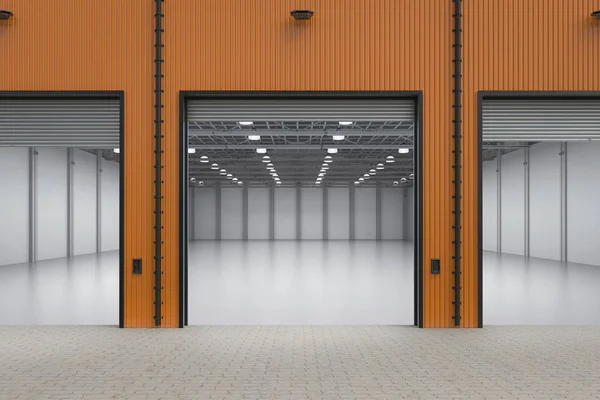 Rendering Interior Empty Factory Open Shutter Door — Stock Photo, Image