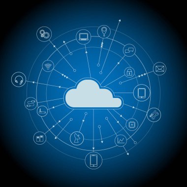 Cloud computing teknolojisi ile mavi arka plan vektör çizim simgeleri