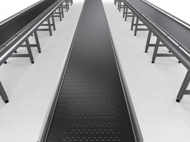 Beyaz arka plan üzerinde 3D render boş konveyör hattı