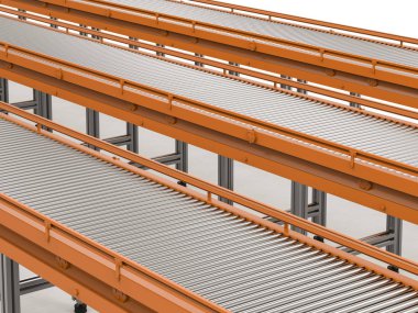 Beyaz arka plan üzerinde 3D render boş konveyör hattı