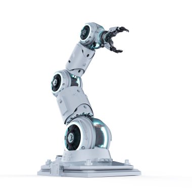 Beyaz arka plan üzerinde 3D işleme beyaz robot kol