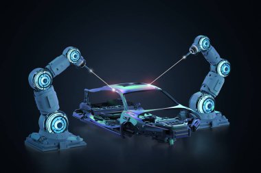 3d rendering robot assembly line in car factory on black background clipart