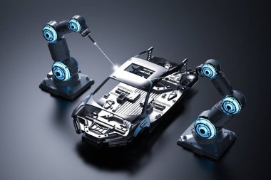 3D render robot montaj hattı siyah arka plan üzerine araba fabrikasında