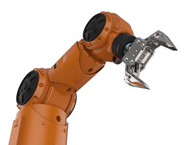 3D render turuncu robotik kol beyaz arka plan üzerinde