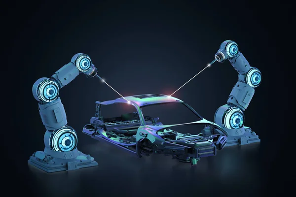 3d rendering robot assembly line in car factory on black background