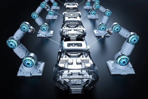 Rendering Robot Assembly Line Car Factory Black Background — Stock Photo, Image