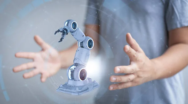 Human hand present 3d rendering white robotic arm