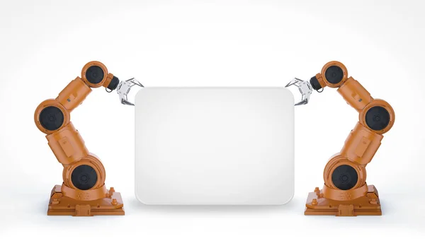 Rendering Orange Robotic Arms Blank Note White Background — Stock Photo, Image