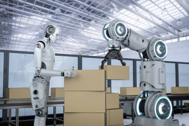 Otomasyon Sanayi kavramı ile 3d render robot kol konveyör bant üzerine karton kutular ile