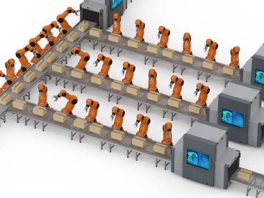 Otomasyon endüstrisi konsepti fabrikada 3 boyutlu robot üretim hattıyla