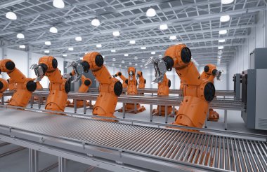 Otomasyon endüstrisi konsepti fabrikada 3 boyutlu robot üretim hattıyla