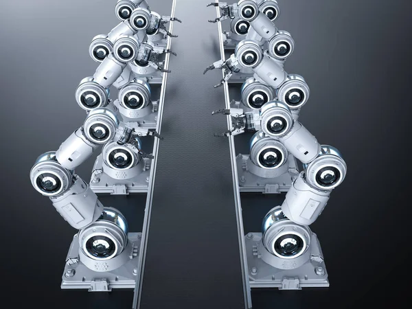 Concepto Industria Automatización Con Línea Montaje Robot Renderizado Fábrica —  Fotos de Stock