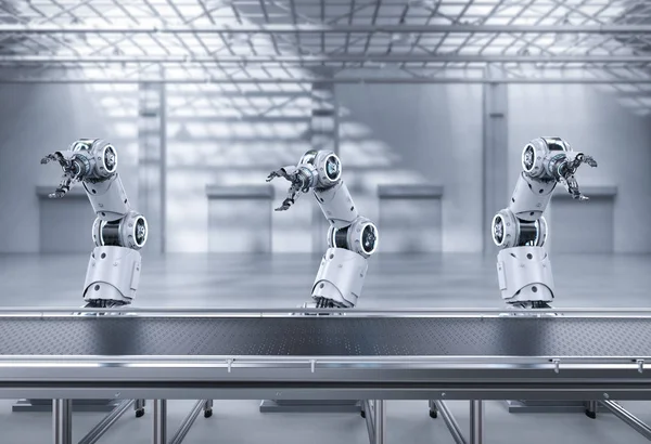 Koncepcja Przemysłu Automatyki Renderowania Linii Montażowej Robota Fabryce — Zdjęcie stockowe