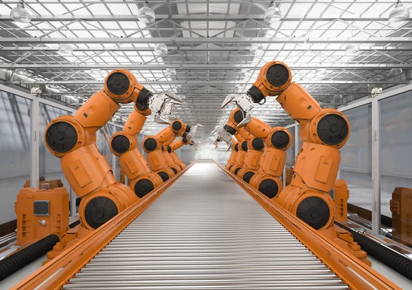 Concetto Industria Automazione Con Linea Assemblaggio Robot Rendering Fabbrica — Foto Stock