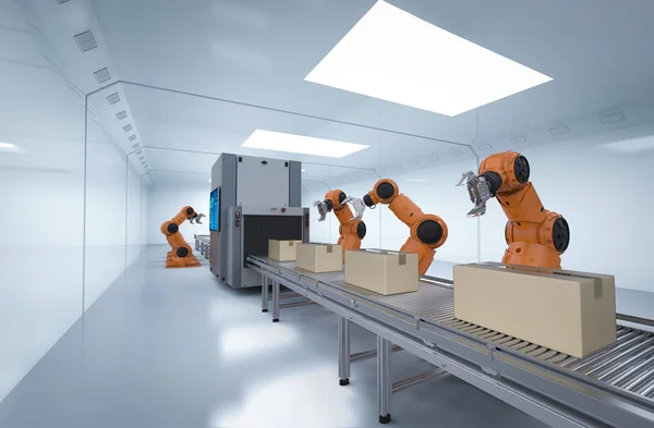 Automation industry concept with 3d rendering robot assembly line in  factory
