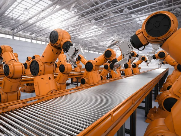 Automation industry concept with 3d rendering robot assembly line in  factory