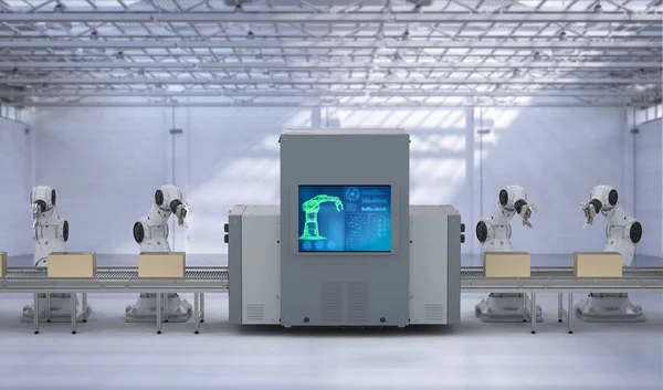 Automatisering Industrie Concept Met Rendering Robot Assemblagelijn Fabriek — Stockfoto