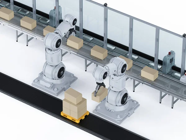 Concepto Industria Automatización Con Brazo Robot Renderizado Con Cajas Cartón —  Fotos de Stock