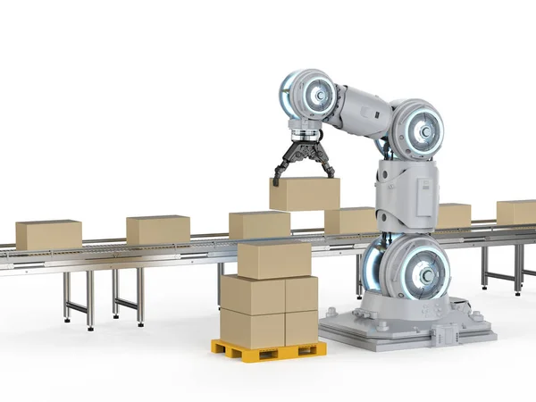 Automatisierungsbranchenkonzept Mit Rendering Roboterarm Mit Kartons Auf Förderband — Stockfoto