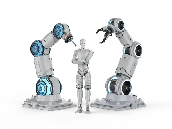 Concepto Industria Automatización Con Brazos Robot Renderizado Cyborg —  Fotos de Stock