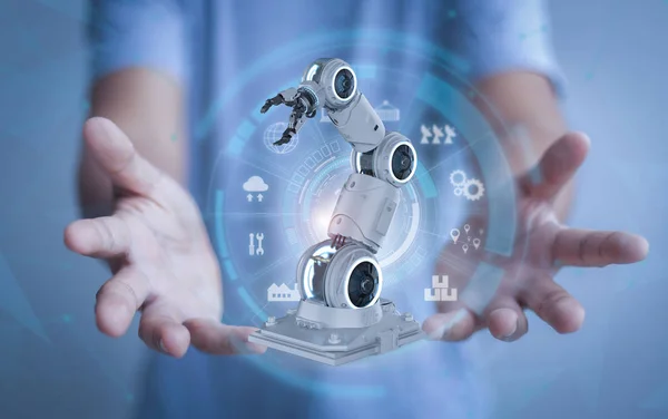 Automatyzacja Przemysłu Koncepcji Ludzką Ręką Przedstawić Renderowania Ramię Robota Wyświetlaczem — Zdjęcie stockowe