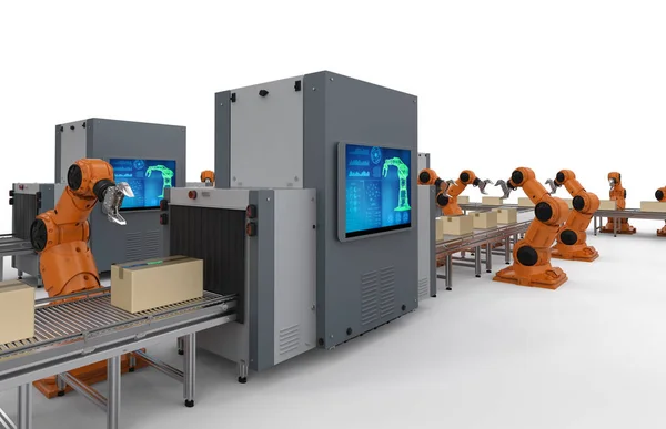 Koncepcja Przemysłu Automatyki Renderowania Linii Montażowej Robota Fabryce — Zdjęcie stockowe