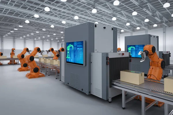 Automatisierungsbranchenkonzept Mit Rendering Roboter Montagelinie Der Fabrik — Stockfoto