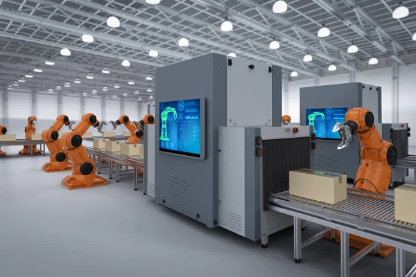 Automatisering Industrie Concept Met Rendering Robot Assemblagelijn Fabriek — Stockfoto