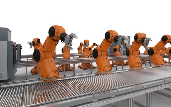 Concetto Industria Automazione Con Linea Assemblaggio Robot Rendering Fabbrica — Foto Stock