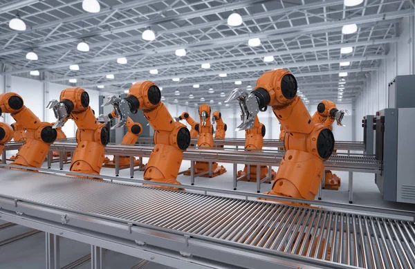 Automatisierungsbranchenkonzept Mit Rendering Roboter Montagelinie Der Fabrik — Stockfoto