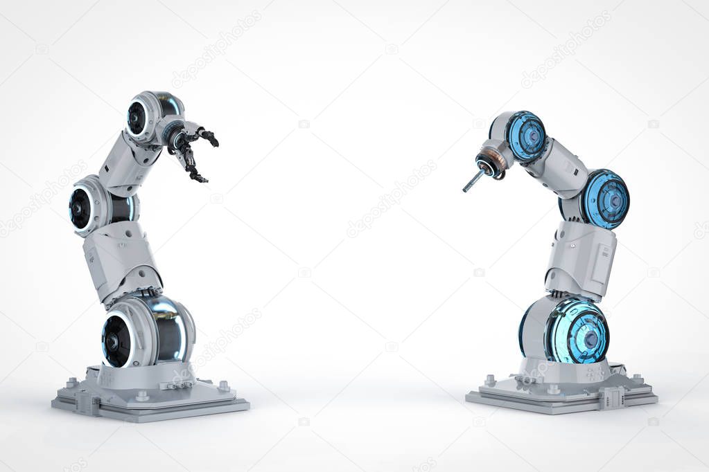 Automation industry concept with 3d rendering robot arms on white background