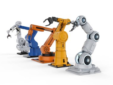 3D render üzerinde üst üste beş Robot kollar arka plan beyaz.