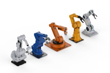 3D render üzerinde üst üste beş Robot kollar arka plan beyaz.